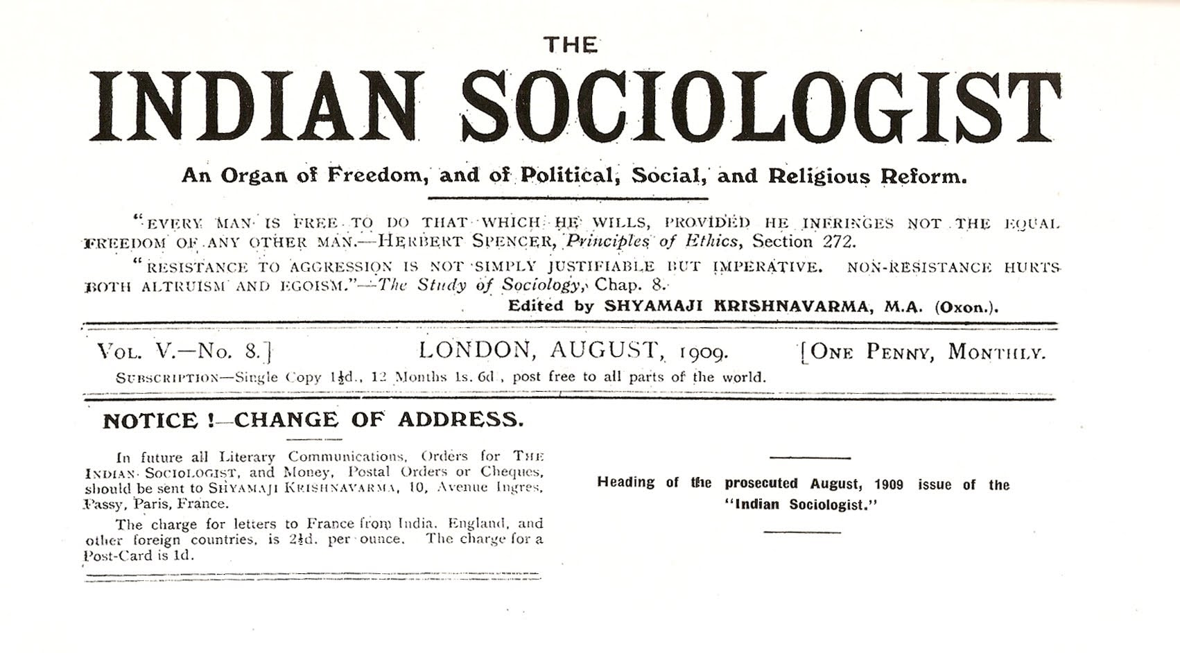 Banner of an issue of The Indian Sociologist published in August 1909
Source: Wikipedia